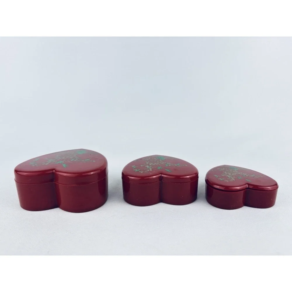 Vintage Red Nesting Heart Trinket Boxes Hong Kong - Plastic Floral Flowers Set 3